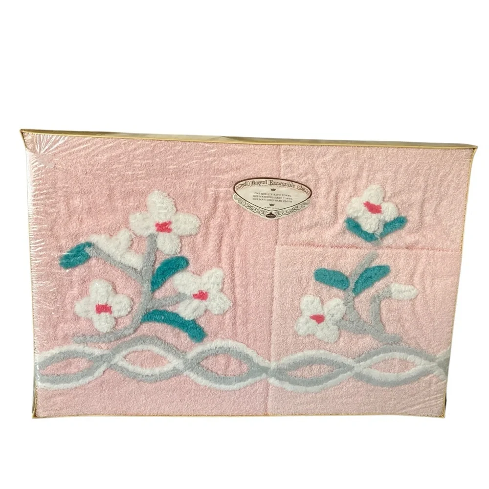 Vintage MCM NOS Chenille Floral Pink Bath Towel Set Barth and Dreyfuss